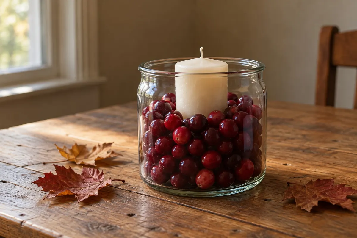 Clear glass jar filled with red cranberries around an ivory pillar candle, with three autumn leaves on a wooden table