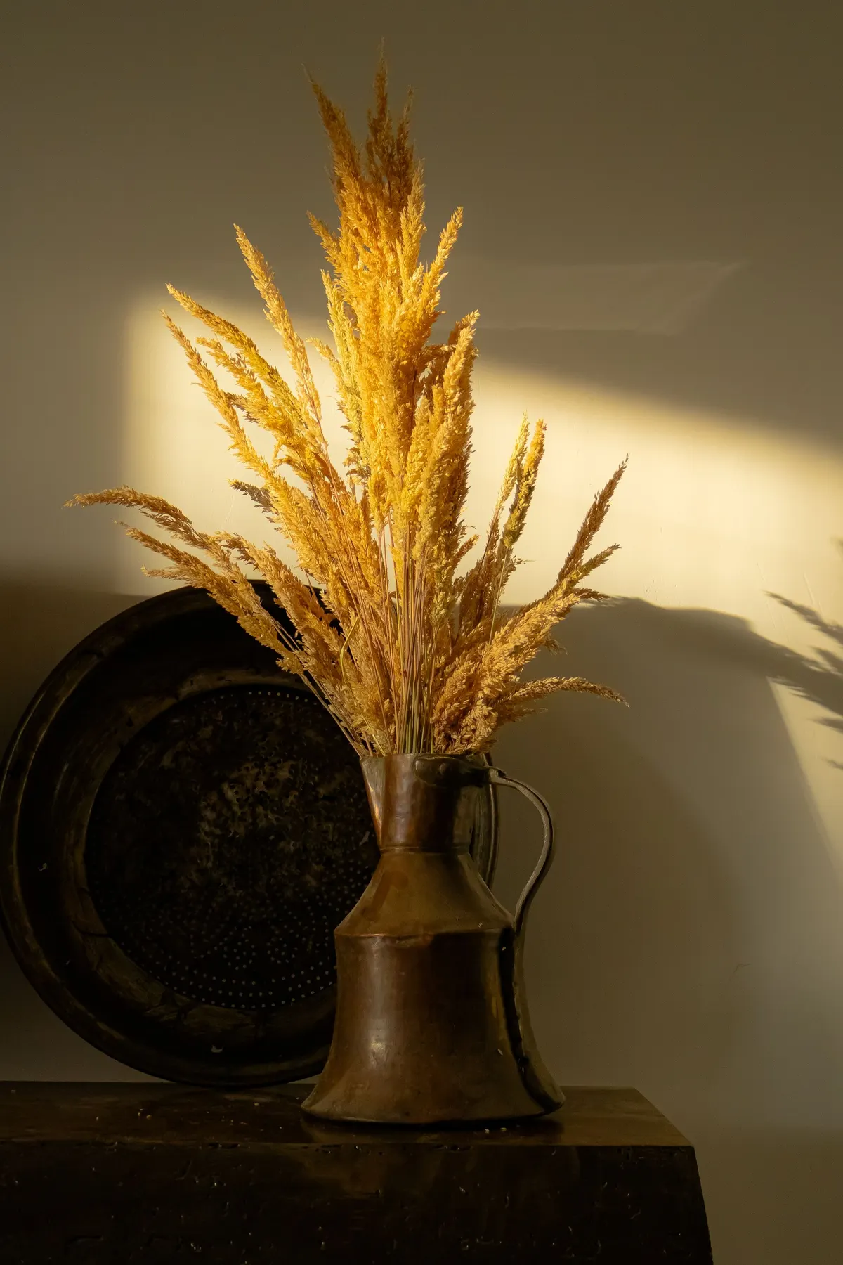 Bronze metal pitcher holding golden dried grass stems on a dark wooden surface in warm window light