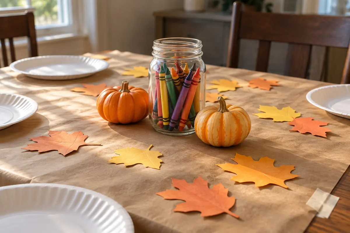 Wooden table covered in brown kraft paper with a jar of crayons, two pumpkins, paper leaf cutouts and white plates