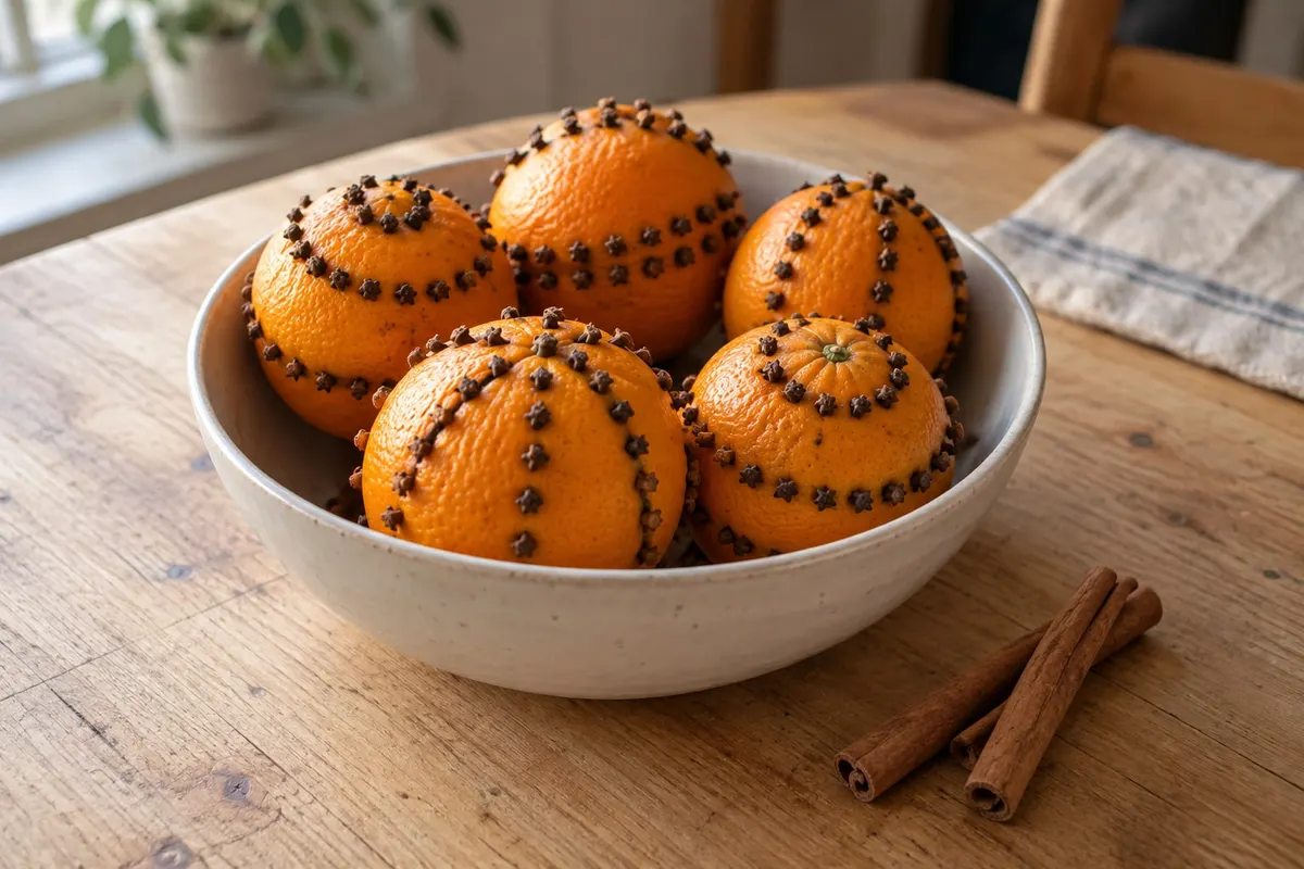 Cream bowl holding five oranges studded with cloves, with three cinnamon sticks and a striped cloth beside it