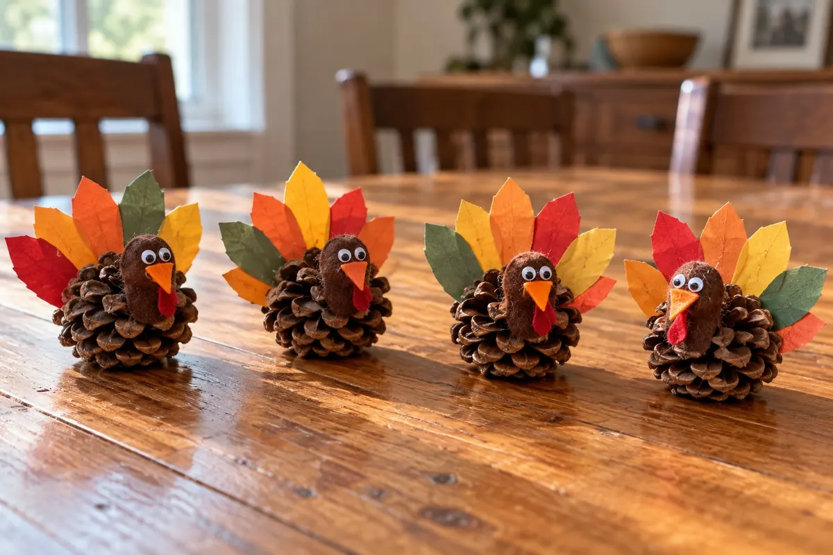 Four handmade pinecone turkeys with felt faces and colorful paper feather tails in a row on a wooden table