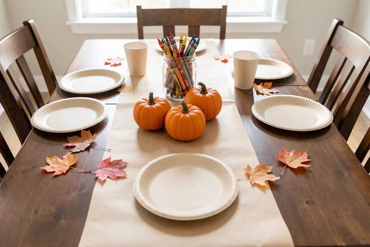 Dining table with a kraft paper runner, a jar of crayons, three mini pumpkins, paper plates and paper cups