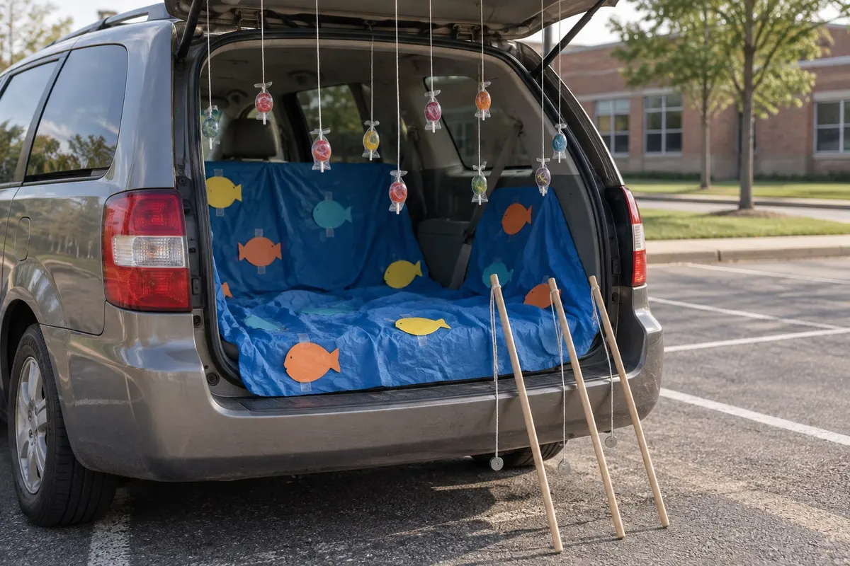 Silver minivan with the liftgate open, blue cloth with about a dozen paper fish in the cargo area, wrapped candy