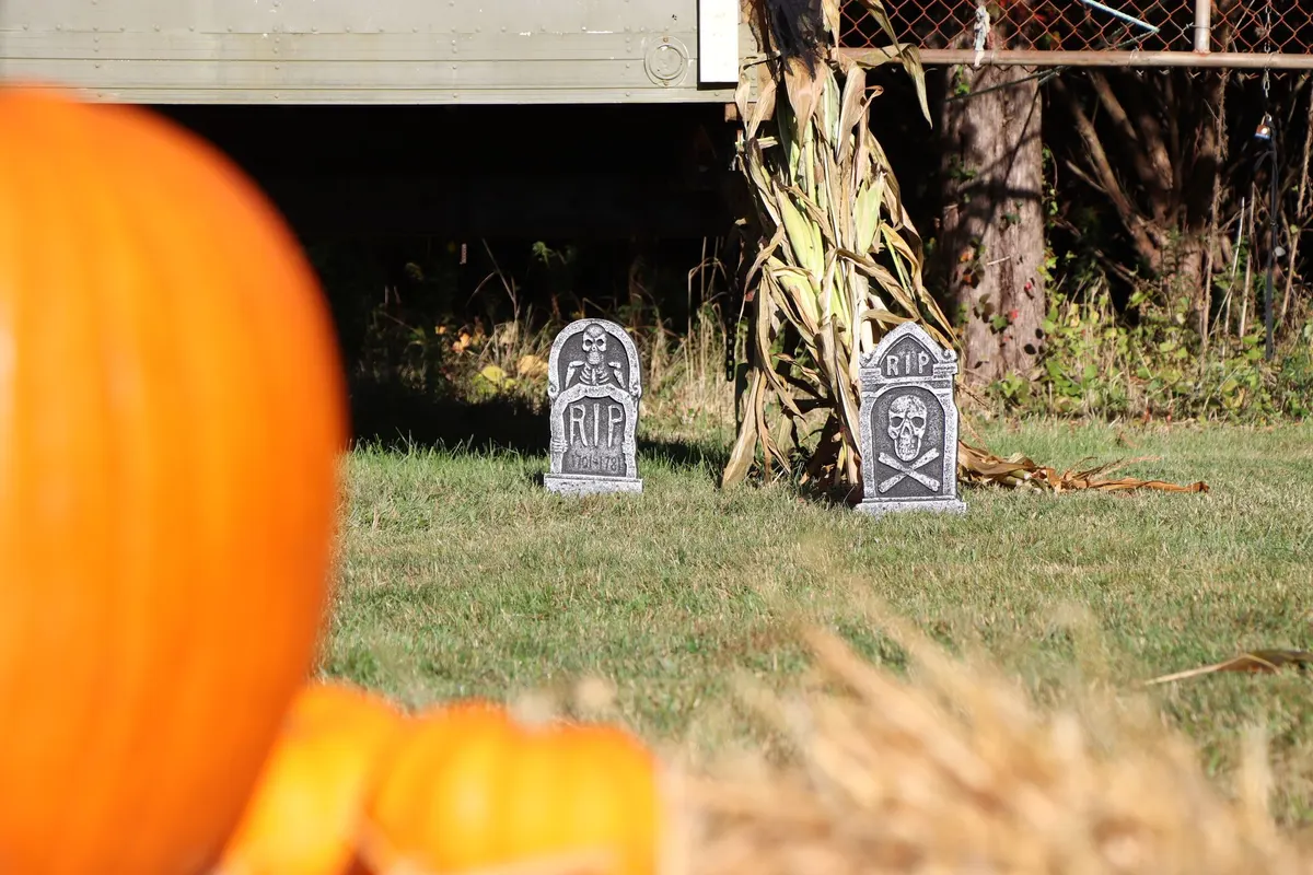 Two gray foam tombstones, one arched with a skeleton relief and one peaked with a skull and crossbones, on grass
