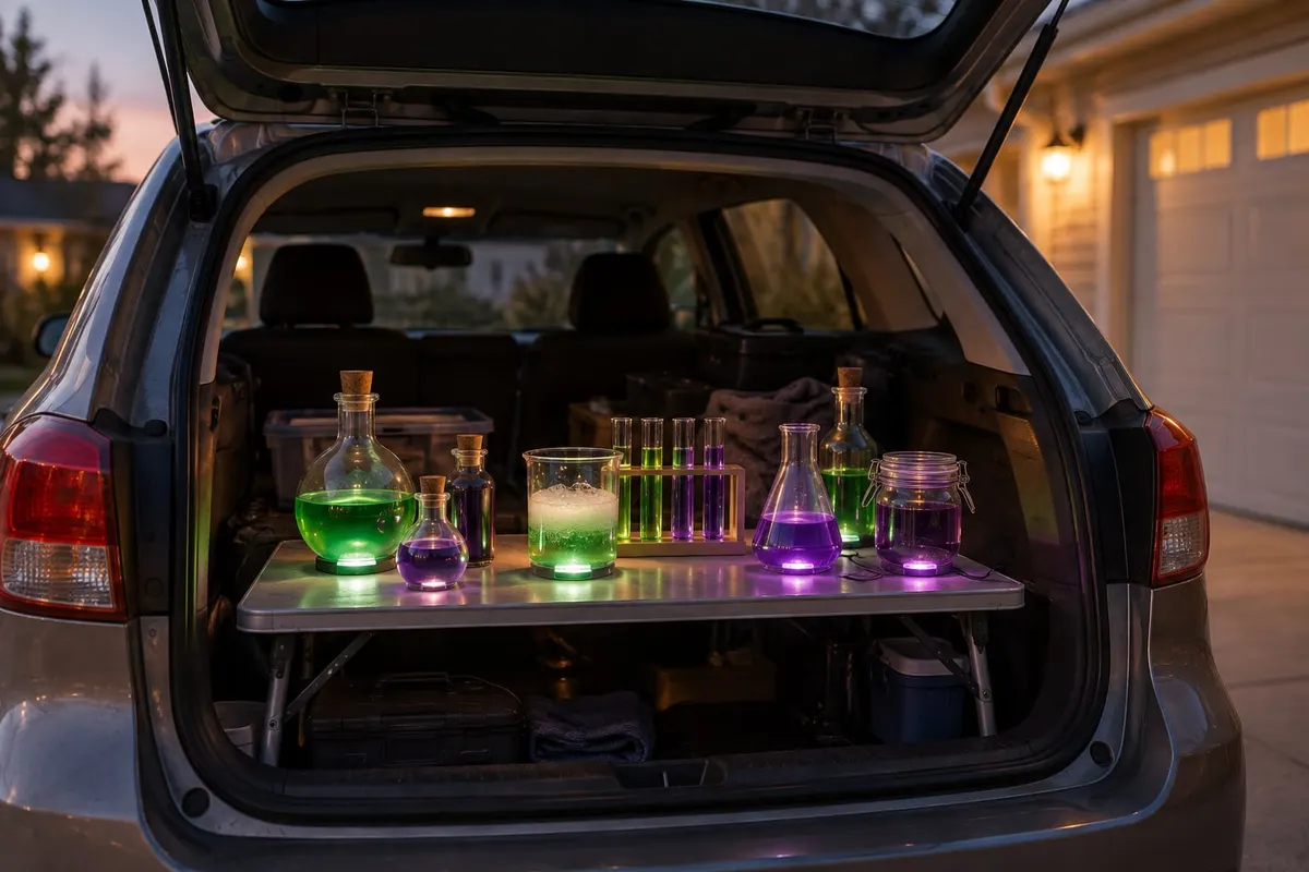Silver-gray SUV hatch open at dusk with a folding table of flasks, bottles, a beaker and test tubes