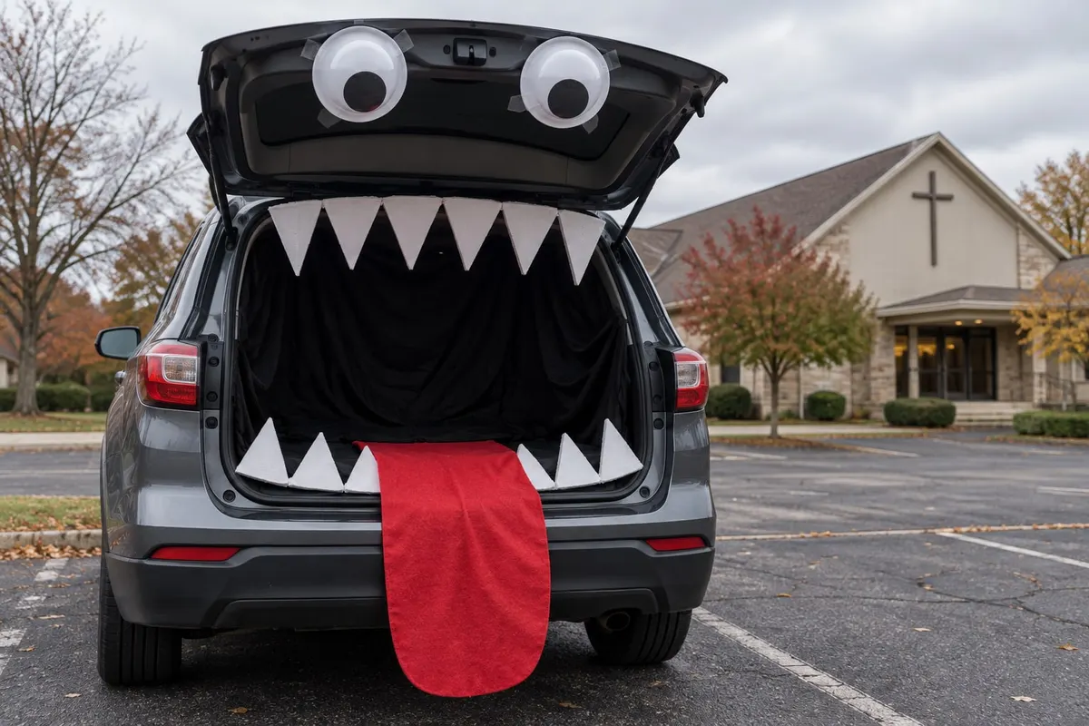 Grey SUV with the liftgate open, two googly eyes on the lid, white felt teeth and a red felt tongue