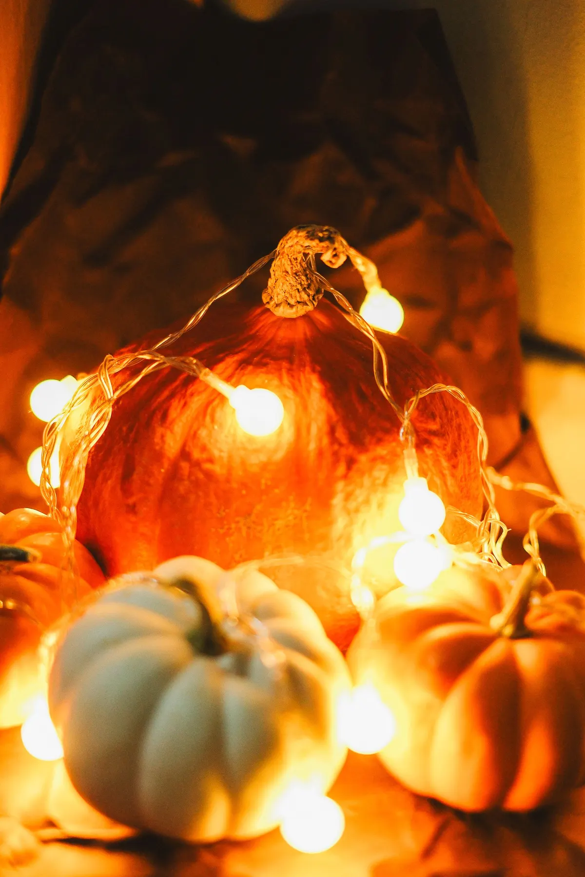 Warm-white globe fairy lights draped over four pumpkins: one large orange, one small pale and two small orange