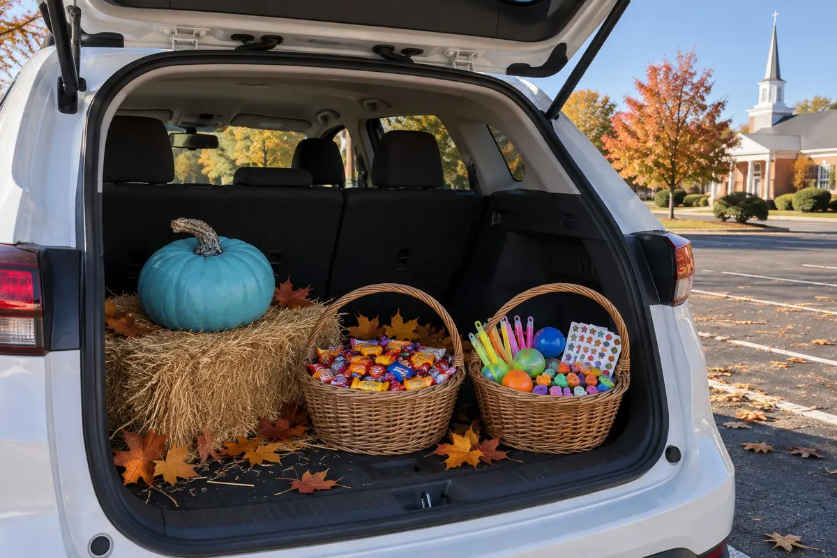 White SUV with the liftgate open showing a teal pumpkin on a hay bale and two wicker baskets