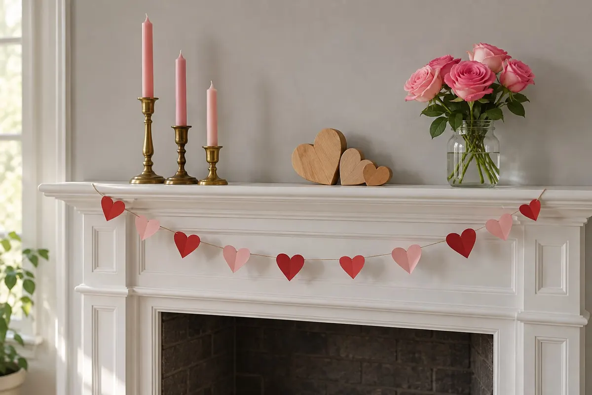 White fireplace mantel with a red and pink paper heart garland, three pink tapers, wood hearts and pink roses